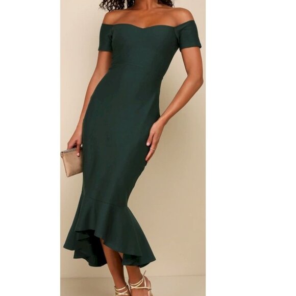 Lulus How Much I Care Dark Green Off-the-Shoulder Midi Dress Size XL NWOT - Picture 1 of 8